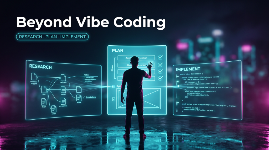 A developer's silhouette stands before three glowing panels — Research, Plan and Implement — raising a hand to approve the plan before any code is written.